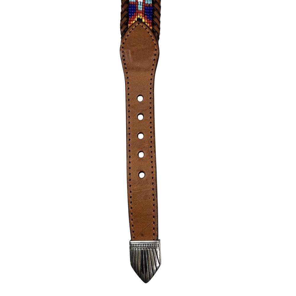 Vintage 90's South Western Beaded Brown Leather Belt 37.5" Native American Aztec - Picture 5 of 13